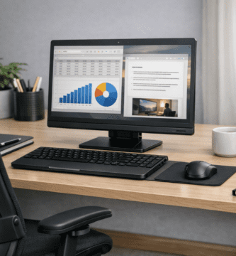 Escritorio con periféricos colocados de forma ergonómica para uso prolongado