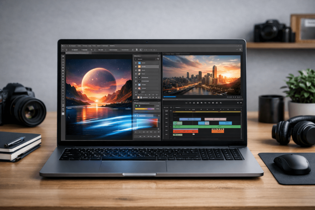 Laptop utilizada para diseño gráfico y edición de video profesional