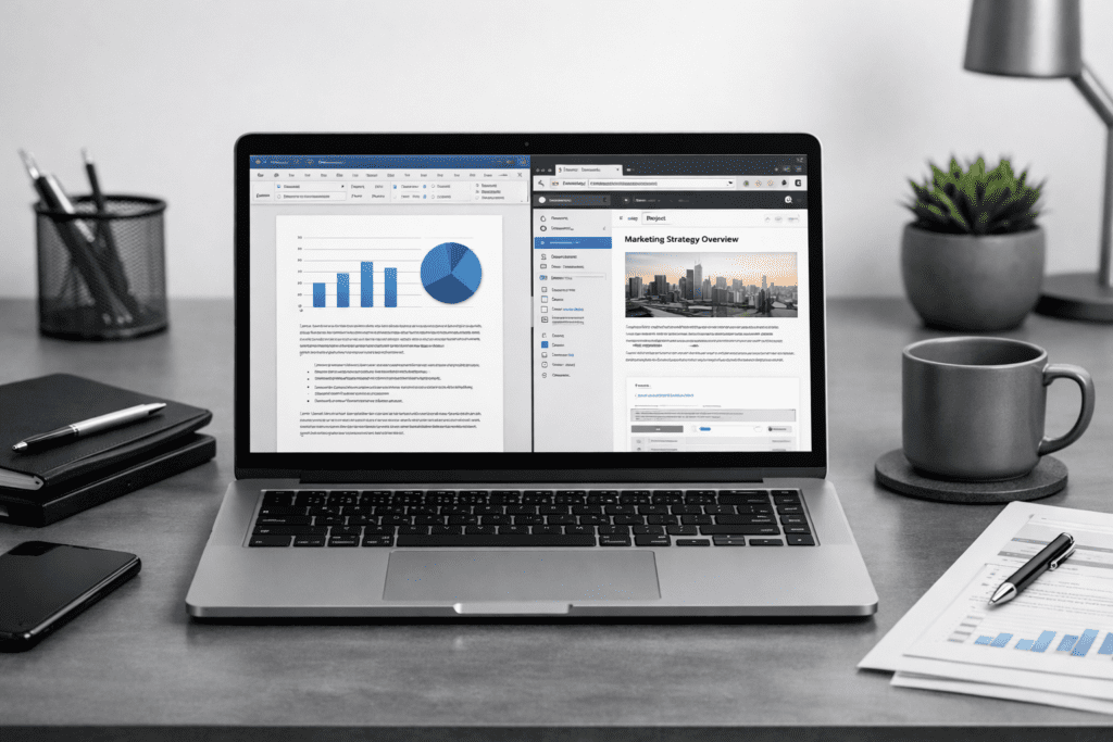 Laptop para trabajo utilizada en un entorno profesional de productividad