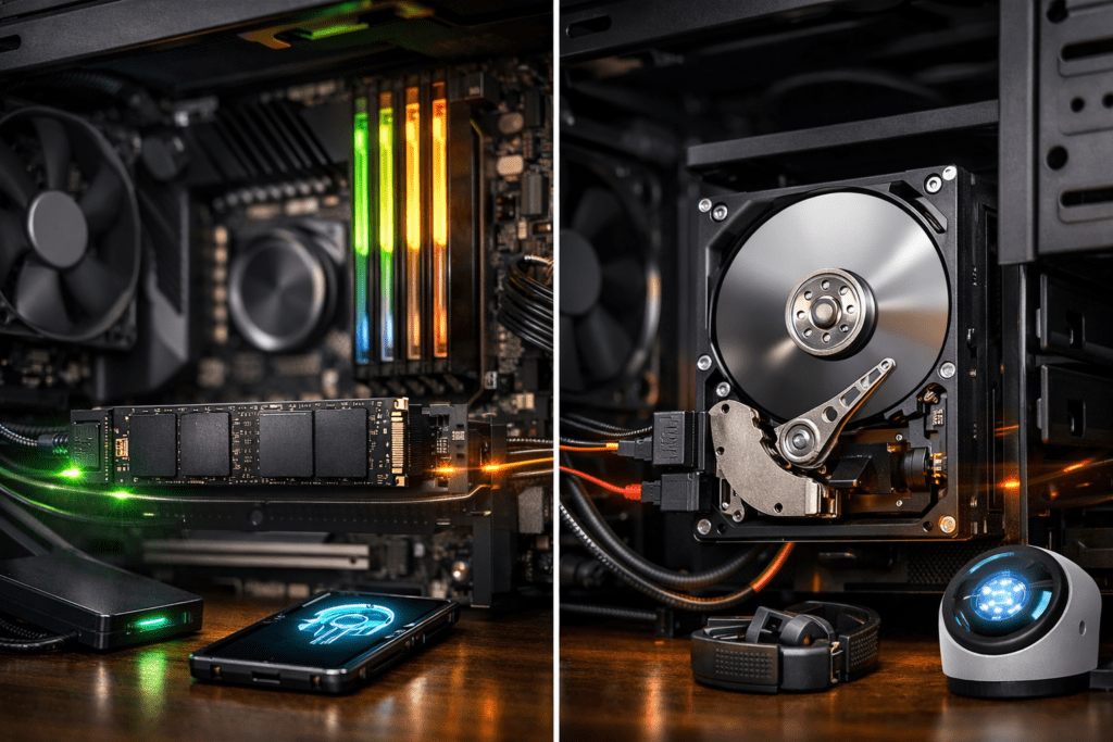Comparación entre SSD y disco duro tradicional en una computadora
