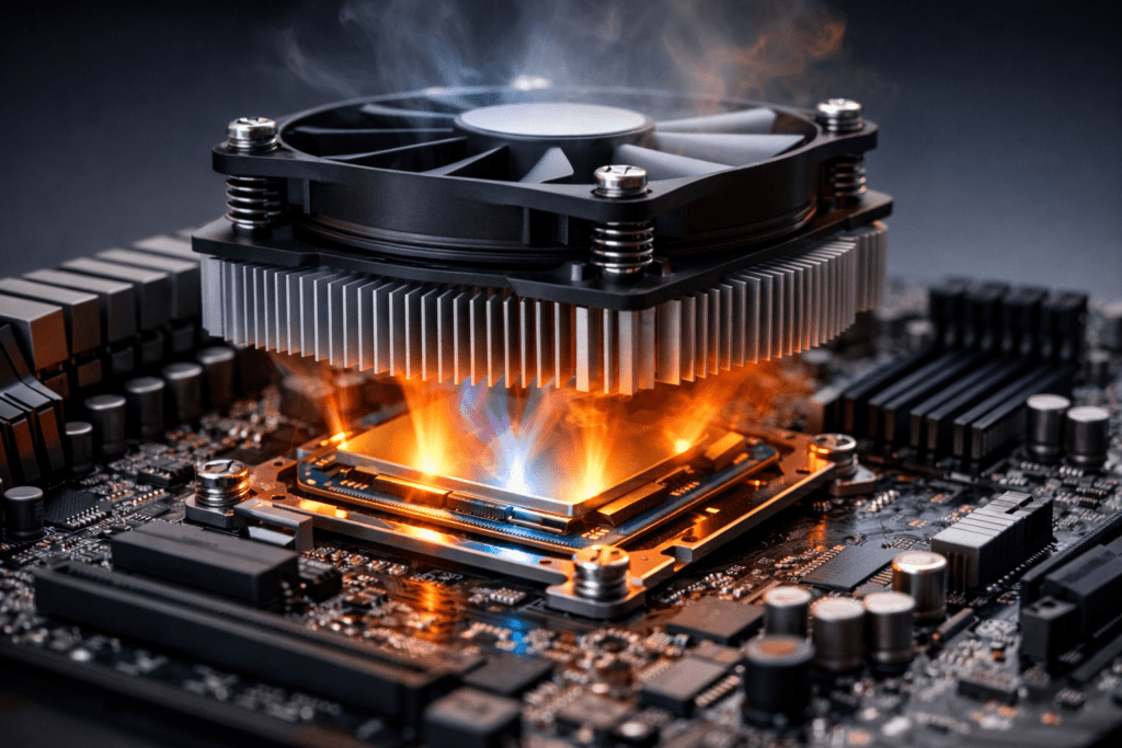 Procesador de computadora con disipador mostrando la relación entre TDP y calor