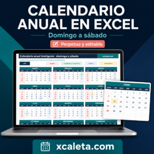 Calendario anual en Excel perpetuo y editable de domingo a sábado