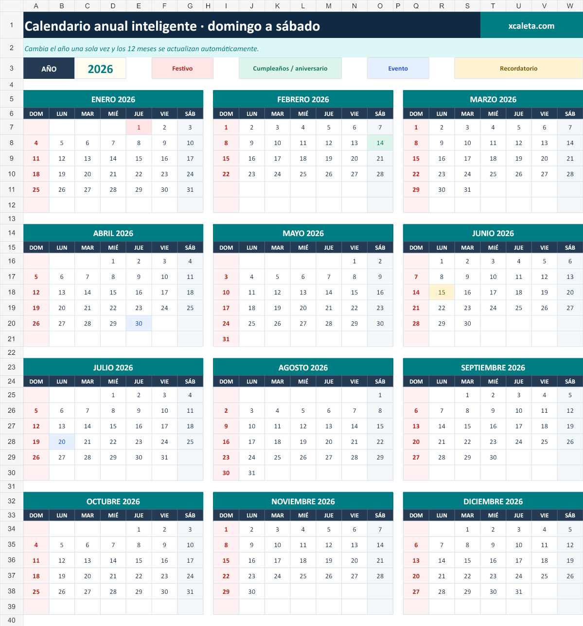 Calendario Anual en Excel – Domingo a Sábado - Image 2